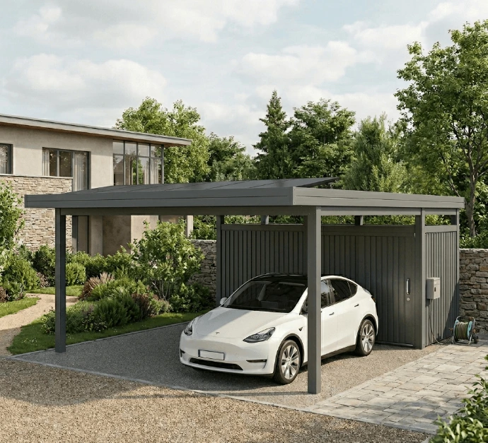 Rechargez votre voiture électrique à l'abri grâce au carport photovoltaïque avec borne intégrée. Une solution écologique et rentable. Découvrez nos modèles.