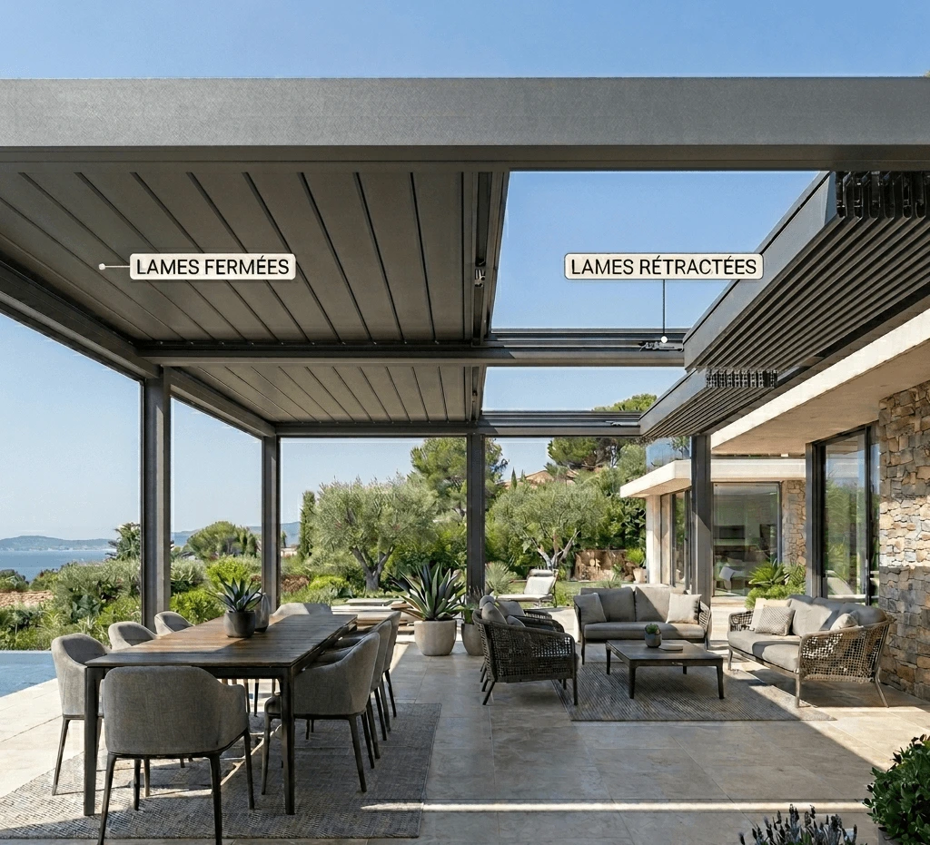Pergola à lames rétractables en aluminium : libérez le toit pour une luminosité maximale en hiver et une ombre parfaite en été. Configurez votre projet.