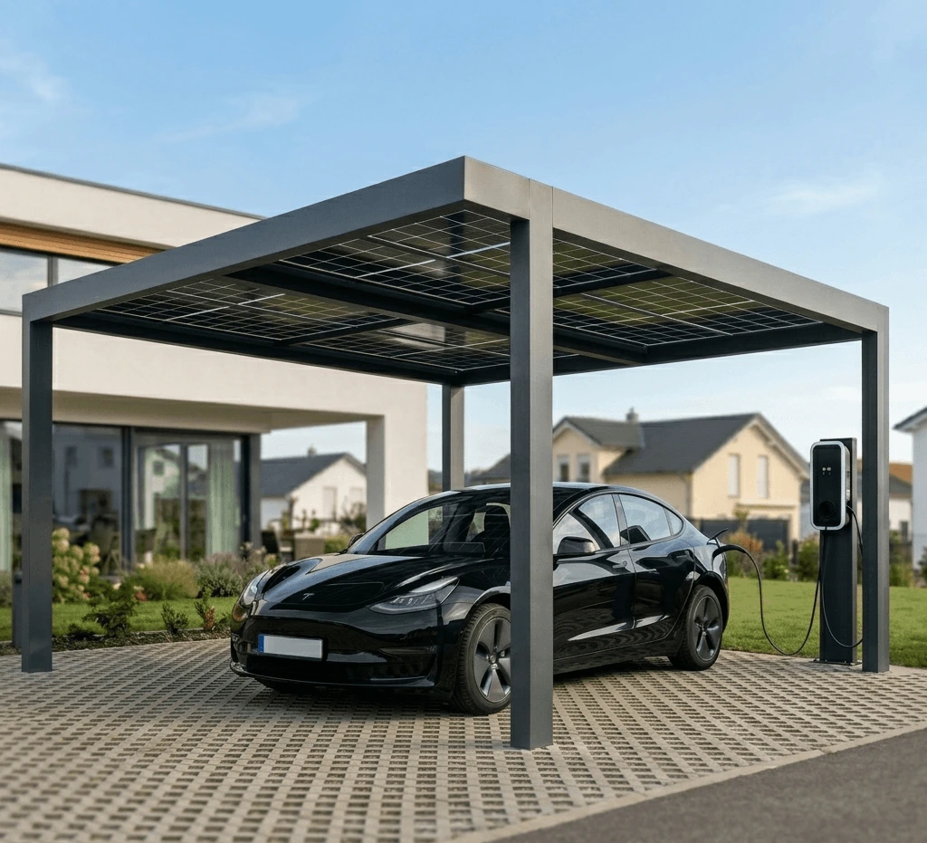Protégez votre véhicule électrique et passez à l'autoconsommation avec notre carport solaire en aluminium. Une solution design et performante pour recharger à l'énergie verte.