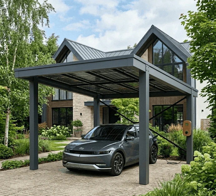 Découvrez le carport solaire photovoltaïque en aluminium : l'alliance parfaite entre une architecture moderne et la production d'énergie propre pour votre maison.