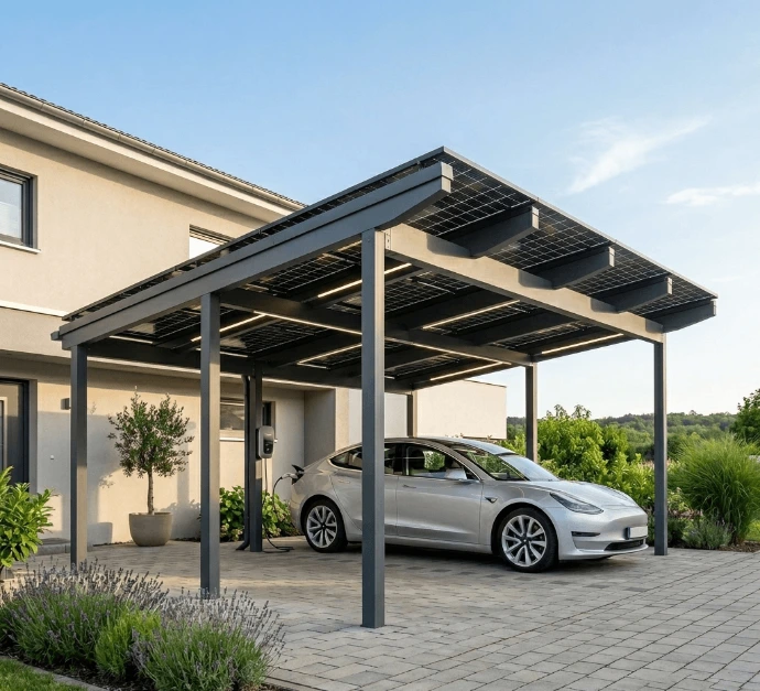 Sublimez votre extérieur avec un carport solaire en aluminium au design épuré. Abriez votre voiture tout en générant de l'électricité grâce à ses panneaux intégrés.