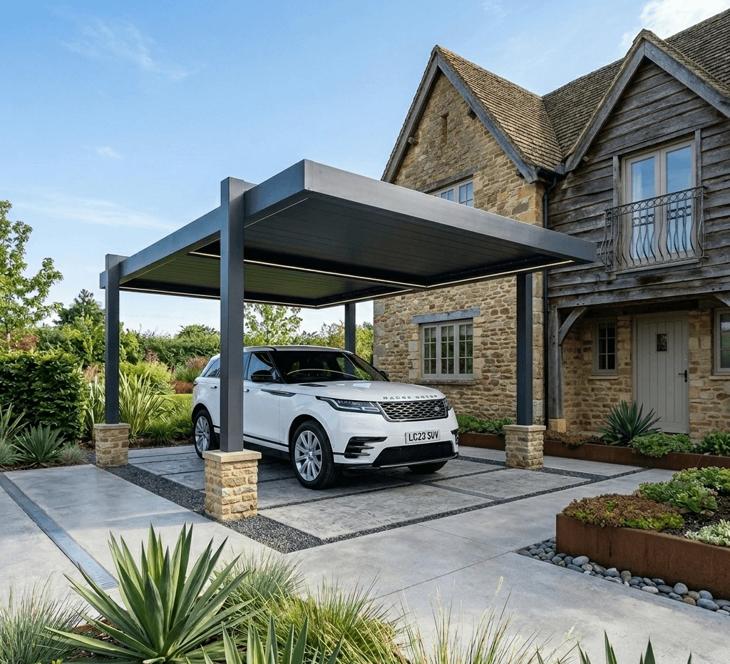 Carport Alu & Bois Décines : Abris voiture design alu anthracite et bois claustra. Panneaux latéraux pour brise-vue et protection vent. Éclairage LED intégré. Installation sur mesure à Décines.