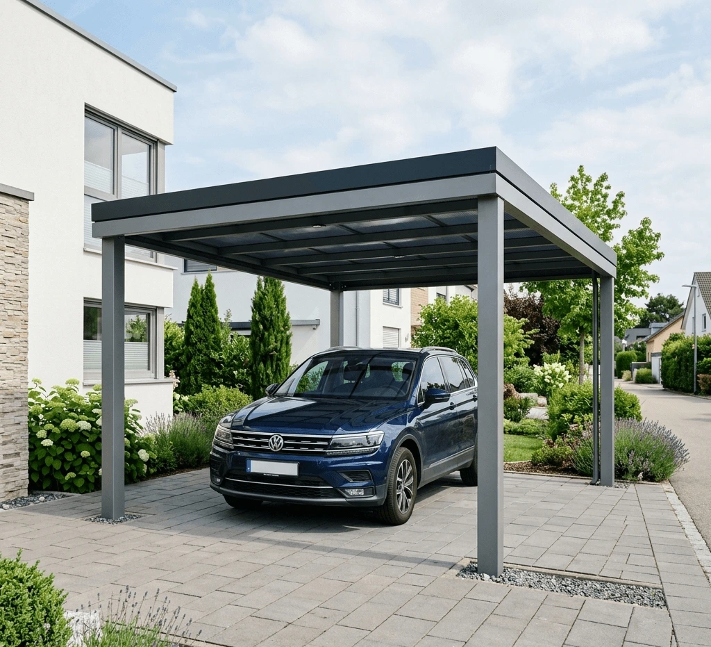 Carport Aluminium Gris Décines-Charpieu : Abris voiture moderne en alu gris anthracite, toit rigide ou translucide. Design épuré, protection durable et sans entretien. Livraison et installation disponibles.