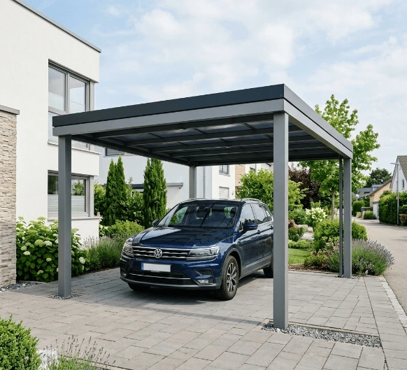 Carport en aluminium avec stores verticaux et toiture design, offrant une protection optimale pour votre véhicule contre le soleil, la pluie, le vent et les intempéries.