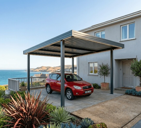 Carport aluminium avec stores en toile motorisés, solution idéale pour créer un espace protégé contre le soleil, la pluie et les regards tout au long de l'année.