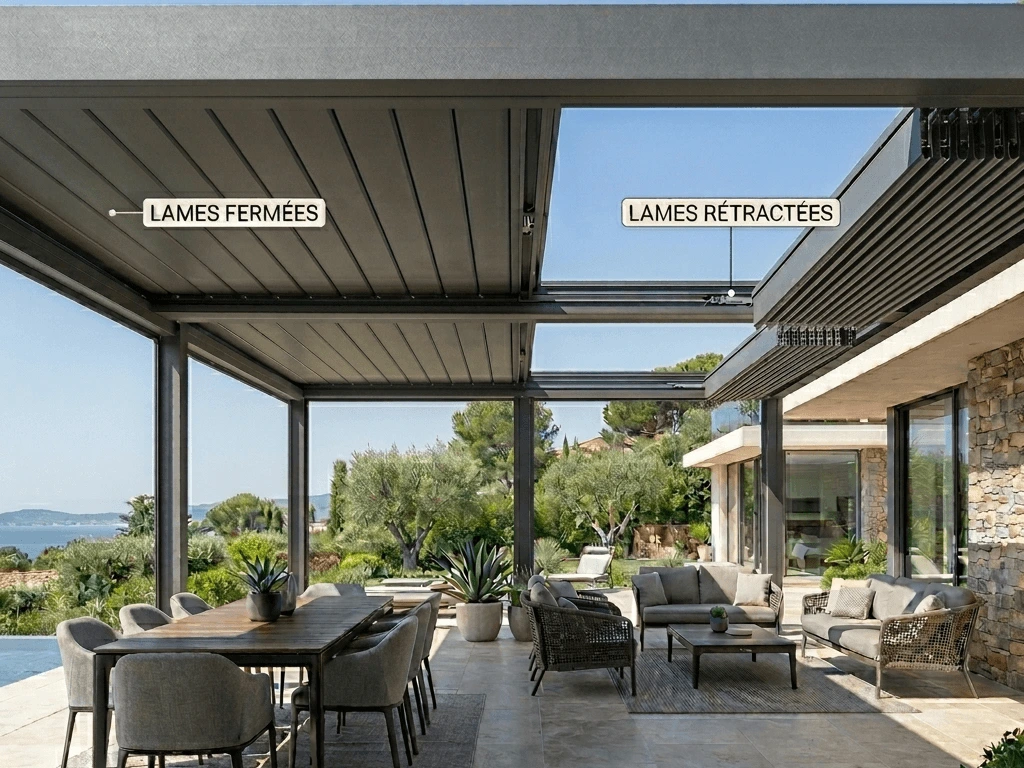 Pergola à lames rétractables en aluminium : libérez le toit pour une luminosité maximale en hiver et une ombre parfaite en été. Configurez votre projet.