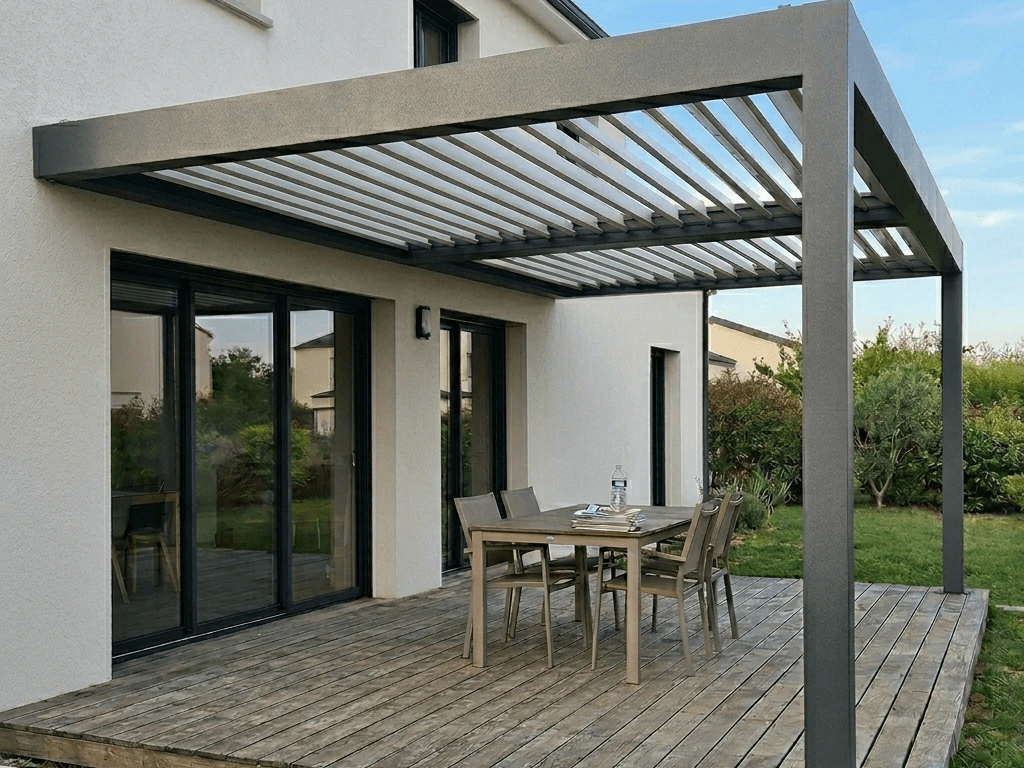 Pergola bioclimatique en aluminium sur mesure : profitez de votre terrasse en toute saison grâce aux lames orientables motorisées. Devis gratuit en ligne.